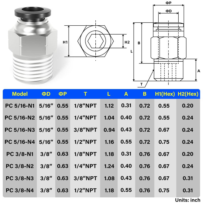 TAILONZ PNEUMATIC Male Straight 3/8 Inch Tube OD x 1/4 Inch NPT Thread Push to Connect Fittings PC-3/8-N2 (Pack of 2) - Image 2